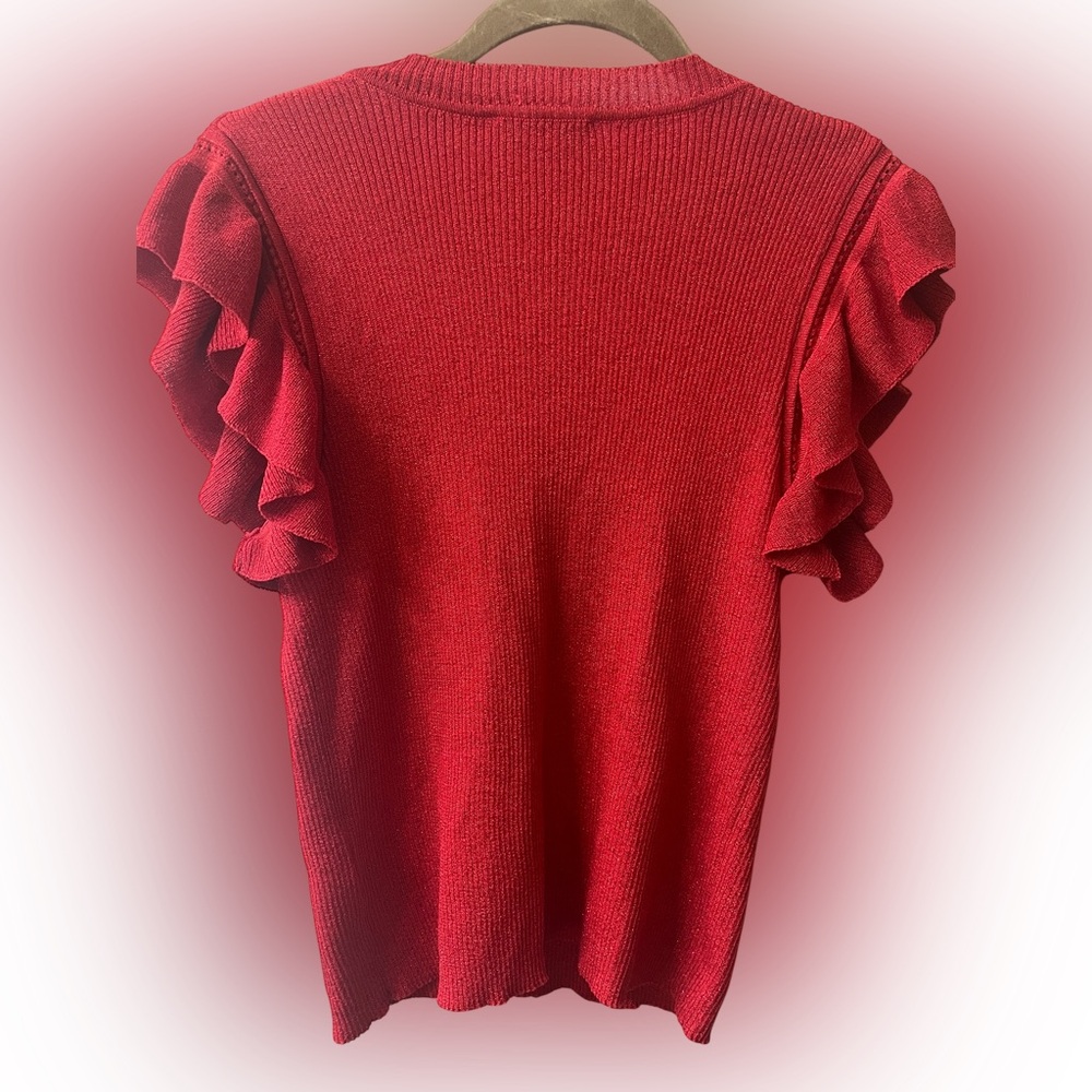 Nanette Lepore glitter red ruffle sshort sleeve top. Size Large #10267 - Picture 4 of 9